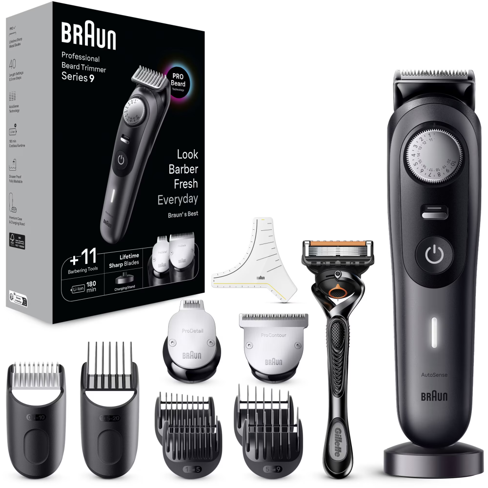 Aparat de tuns barba Braun Beard Trimmer BT9441, Wet&Dry, buton rotativ de precizie, 40 de setari pentru lungime, 3 capete, 4 piepteni, 1 aparat de ras Gillette, autonomie 180 minute, Trusa de calator [1]