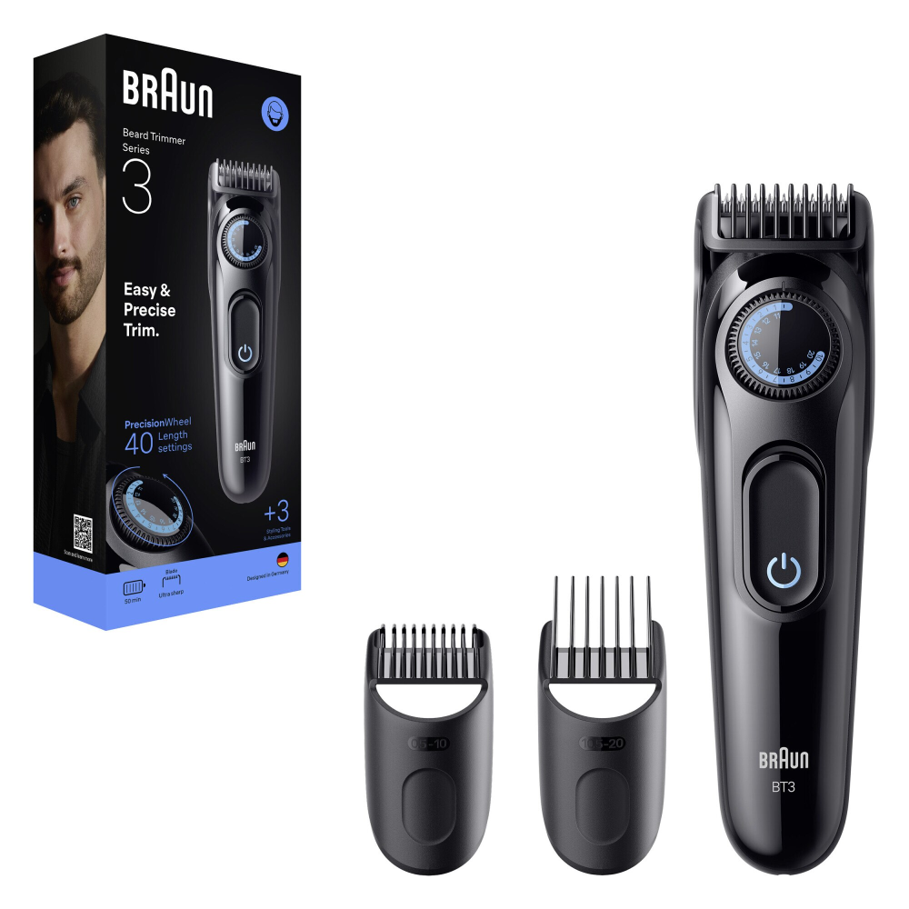 Aparat de tuns barba Braun Beard Trimmer Seria 3 BT3520, Lama ultra ascutita, +3 Accesorii de ingrijire: 2 Piepteni, 1 Perie de curatare, Rotita de precizie, 40 Setari de lungime, Autonomie 50 minute, [2]