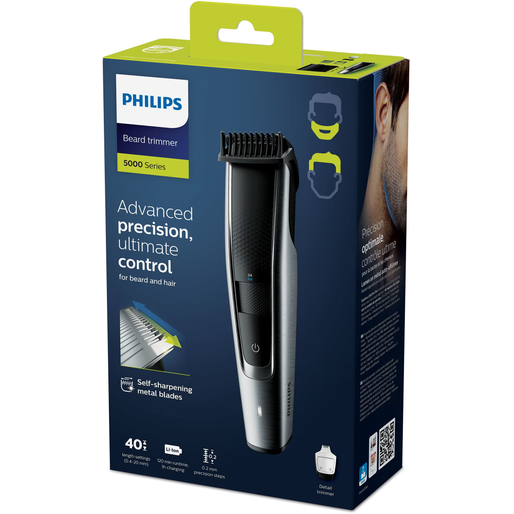 Aparat de tuns barba PHILIPS BT5522/15, Lame din otel inoxidabil 0.4-20mm, Lame metalice cu auto-ascutire, Utilizare fara fir 120 min/incarcare 1 h, Pieptene Lift & Trim, 2 piepteni reglabili, Indicat [3]