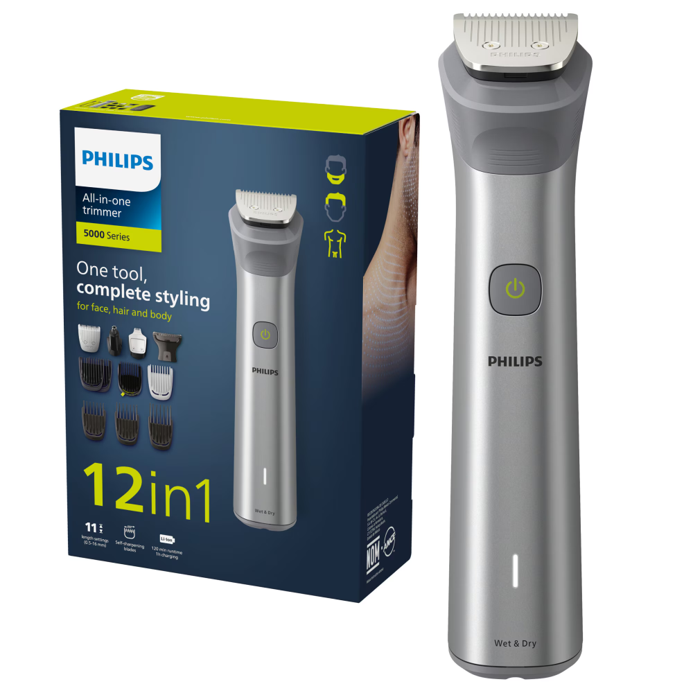 Aparat de tuns barba si parul 12 in 1 PHILIPS Multigroom All in One MG5940/15, tehnologie BeardSense, lame din otel cu auto-ascutire, 11 setari de lungime, rezistent la apa, husa, Negru / Argintiu [1]