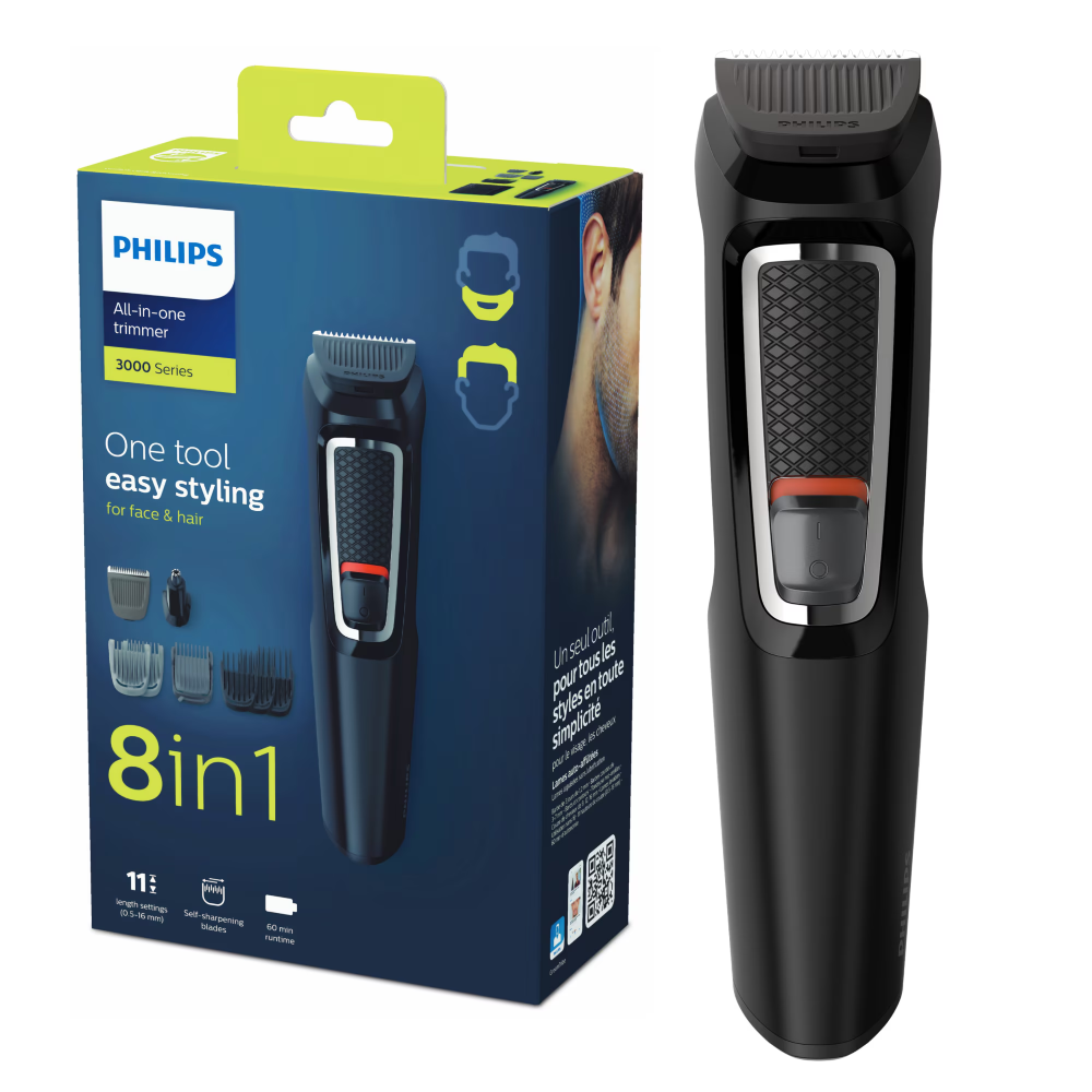 Aparat de tuns barba si parul 8 in 1 PHILIPS MG3730/15, Lame cu ascutire automata, Acumulator, 2 piepteni pentru aspect nebarbierit, 1 pieptane ajustabil pentru barba, 3 piepteni pentru par, Negru [1]