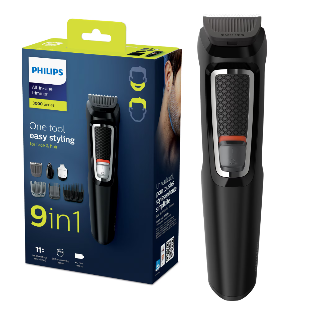 Aparat de tuns barba si parul 9 in 1 PHILIPS Multigroom MG3740/15, Lame cu ascutire, Acumulator, 6 piepteni par fata si cap, Negru [1]