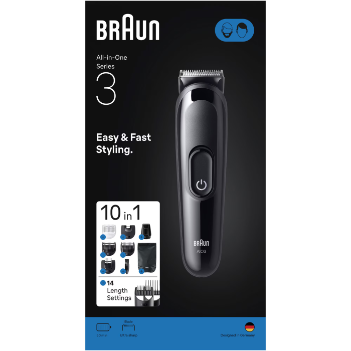 Aparat de tuns multifunctional Braun All-in-One Seria 3 AIO3560, 10-in-1, Lama ultra ascutita, 7 Piepteni, 1 Mini Cap de ras, 1 Cap de tuns sprancene, 1 Perie de curatare, 1 Saculet, 14 Setari de lung [3]