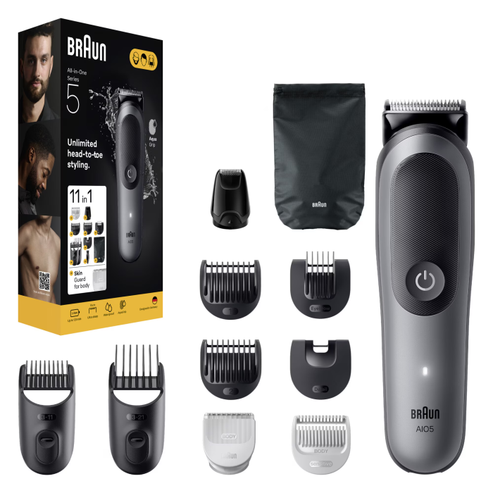Aparat de tuns multifunctional Braun All-in-One Seria 5 AIO5560, 11-in-1, Lama ultra ascutita, 7 Piepteni, 1 Mini Cap de ras, 1 Cap tuns SkinGuard, 1 Perie de curatare, 1 Saculet, AquaGrip pentru cont [2]