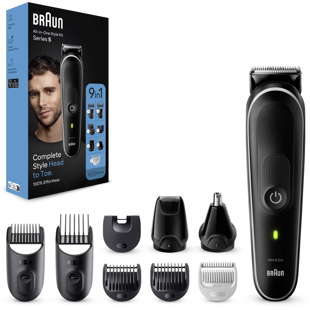 Aparat de tuns multifunctional Braun MGK5420, Wet&Dry, 9-in-1, 2 piepteni ficsi, 4 piepteni, 1 mini aparat de ras, autonomie 100 minute, Saculet de voiaj, Negru/Alb [2]