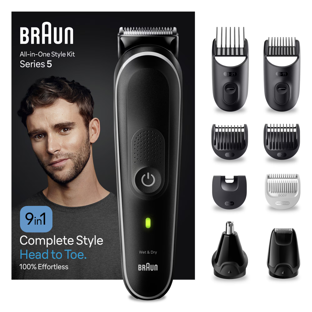 Aparat de tuns multifunctional Braun MGK5420, Wet&Dry, 9-in-1, 2 piepteni ficsi, 4 piepteni, 1 mini aparat de ras, autonomie 100 minute, Saculet de voiaj, Negru/Alb [1]