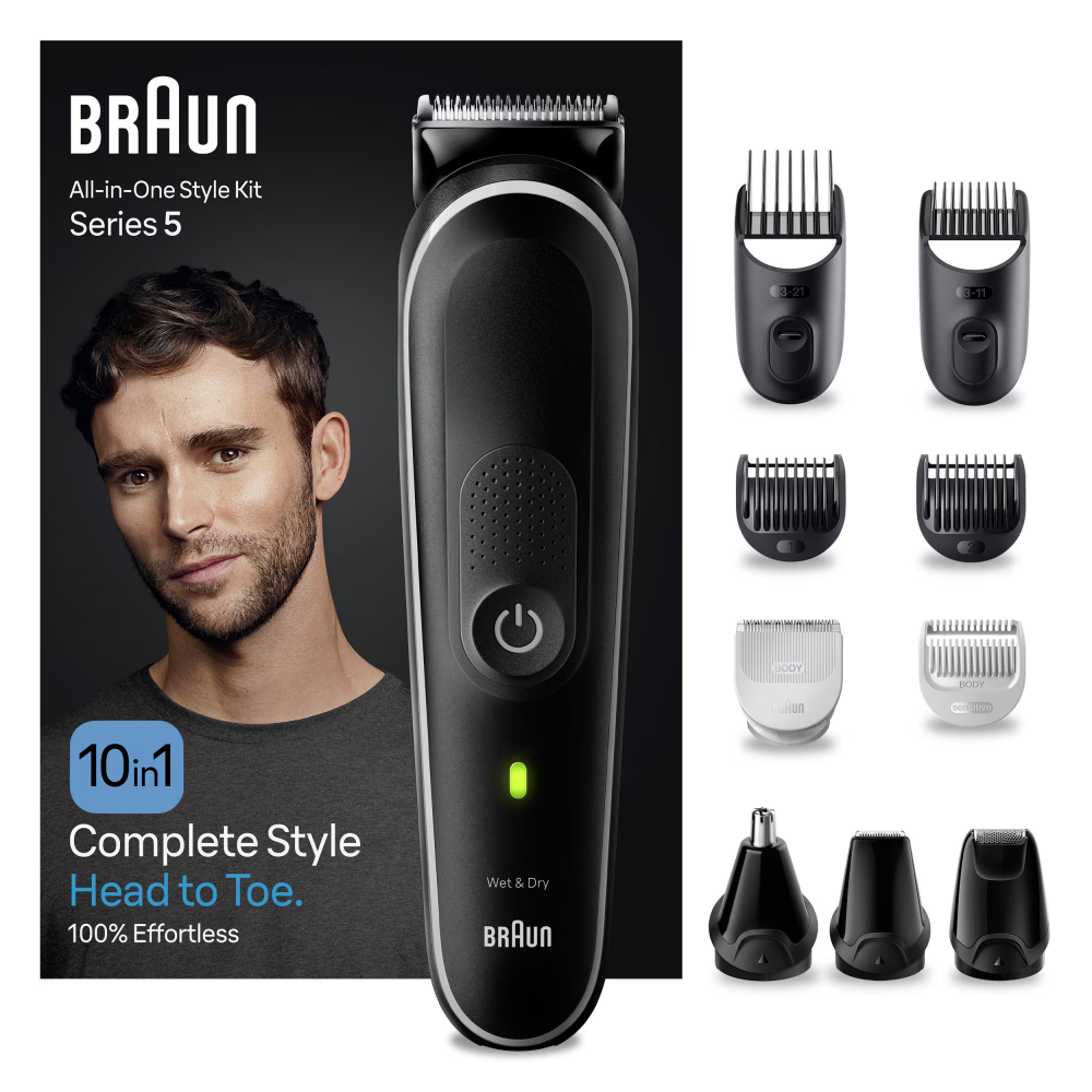 Aparat de tuns multifunctional Braun MGK5440, Wet&Dry, 10-in-1, 2 piepteni ficsi, 3 piepteni, 1 capat, 1 mini aparat de ras, autonomie 100 minute, Saculet de voiaj, Negru/Gri [1]