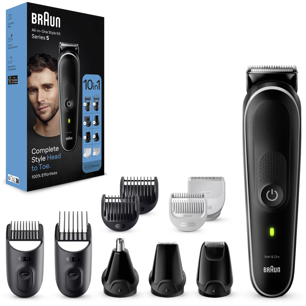 Aparat de tuns multifunctional Braun MGK5440, Wet&Dry, 10-in-1, 2 piepteni ficsi, 3 piepteni, 1 capat, 1 mini aparat de ras, autonomie 100 minute, Saculet de voiaj, Negru/Gri [2]