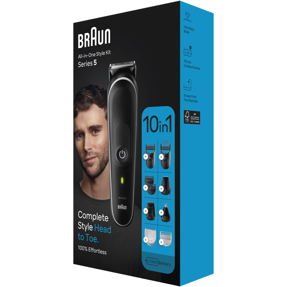 Aparat de tuns multifunctional Braun MGK5440, Wet&Dry, 10-in-1, 2 piepteni ficsi, 3 piepteni, 1 capat, 1 mini aparat de ras, autonomie 100 minute, Saculet de voiaj, Negru/Gri [4]