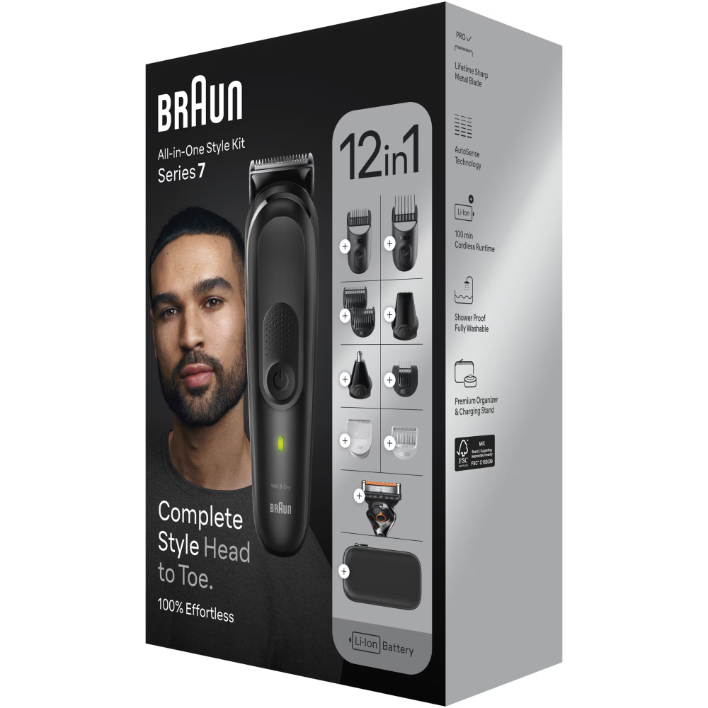 Aparat de tuns multifunctional Braun MGK7460, Wet&Dry, AutoSense, 12-in-1, 2 piepteni ficsi, 4 piepteni, 3 capete, 1 aparat de ras Gillette, autonomie 100 minute, Suport de incarcare, Organizator, Neg [3]