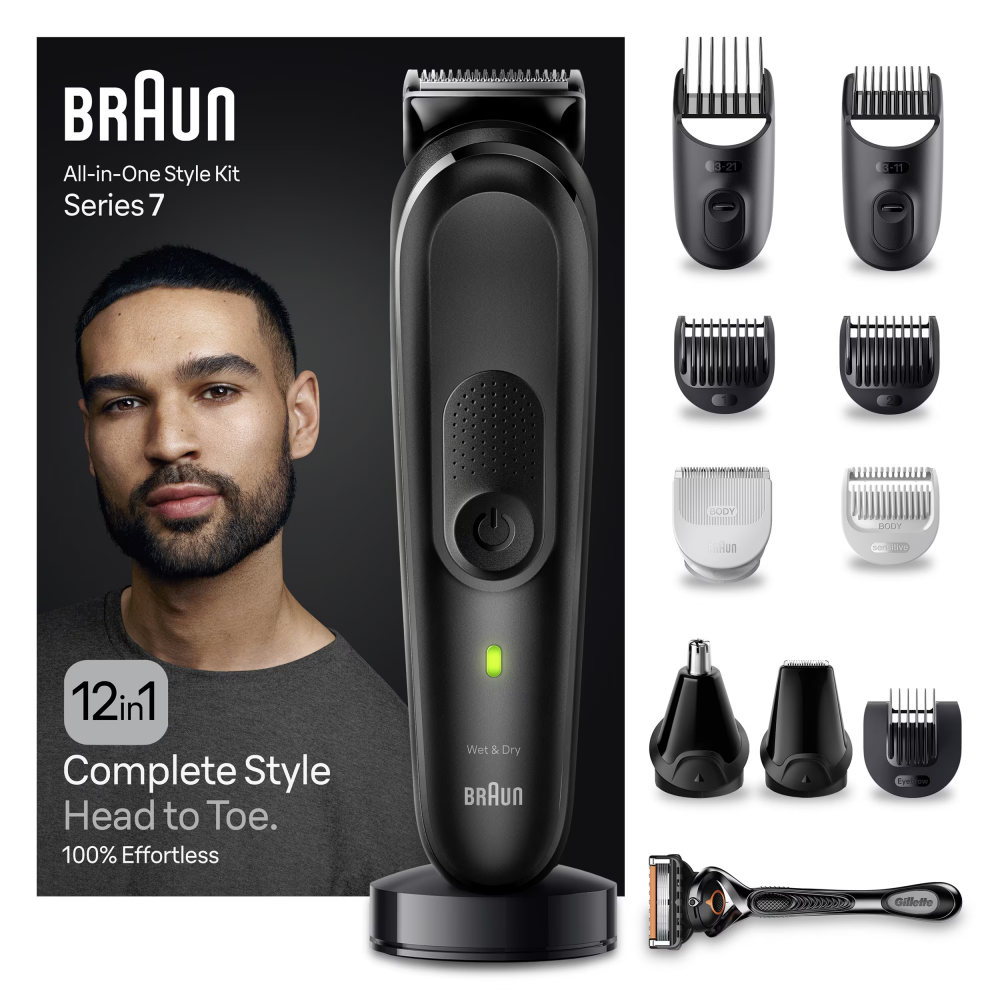 Aparat de tuns multifunctional Braun MGK7460, Wet&Dry, AutoSense, 12-in-1, 2 piepteni ficsi, 4 piepteni, 3 capete, 1 aparat de ras Gillette, autonomie 100 minute, Suport de incarcare, Organizator, Neg [1]
