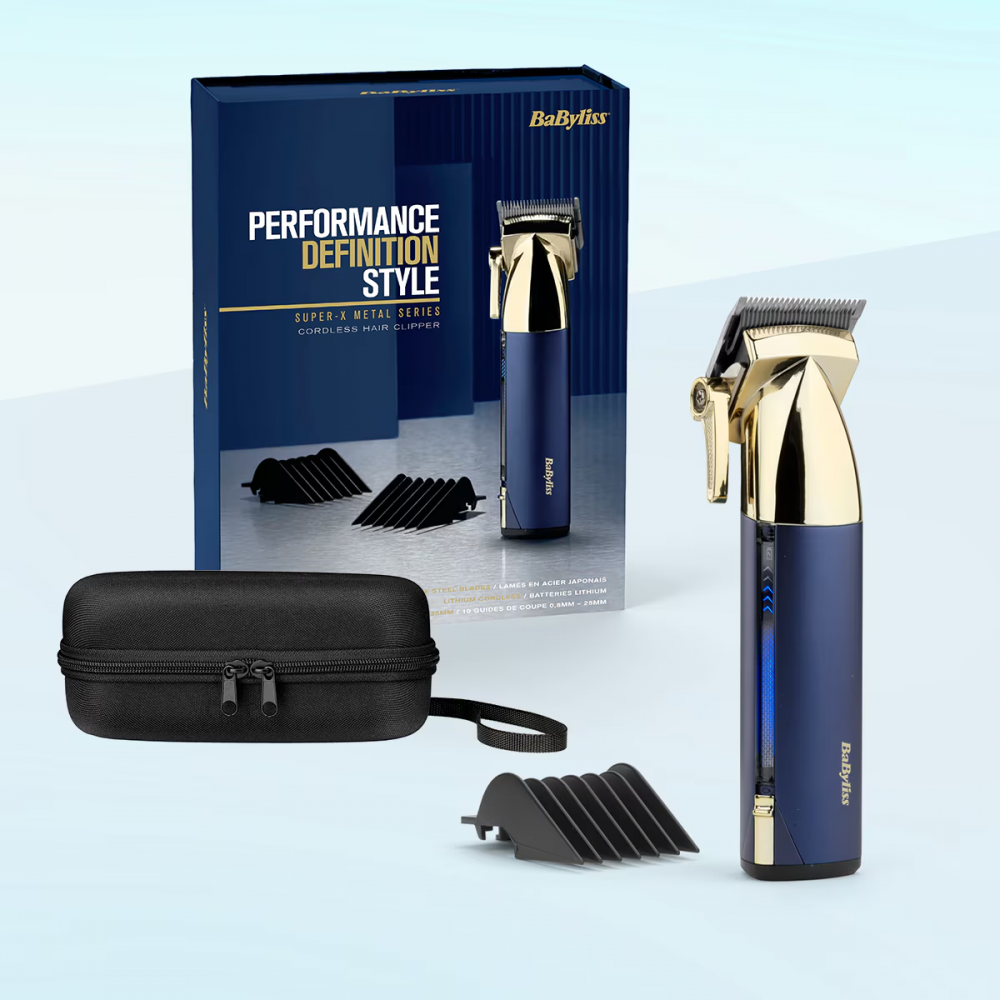 Aparat de tuns parul Super-X Metal BaByliss E992E , 12 Accesorii, 3 ore, 1,5-25mm , 10 pozitii, Otel Japonez,Husa, Auriu-Albastru Marin [1]