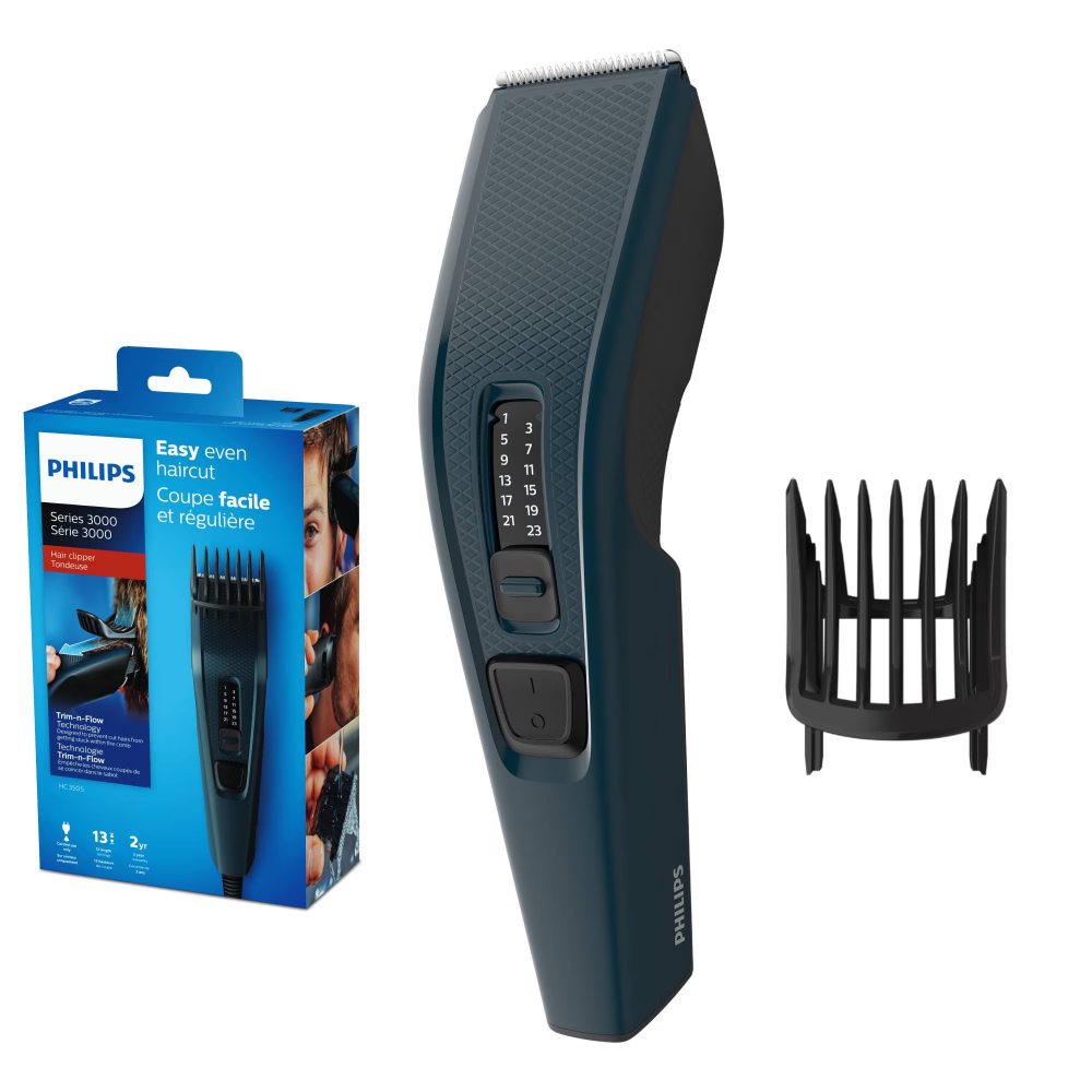 Aparat de tuns PHILIPS Seria 3000 HC3505/15, 13 setari de lungime, utilizare cu fir, lame din otel inoxidabil, Albastru [1]
