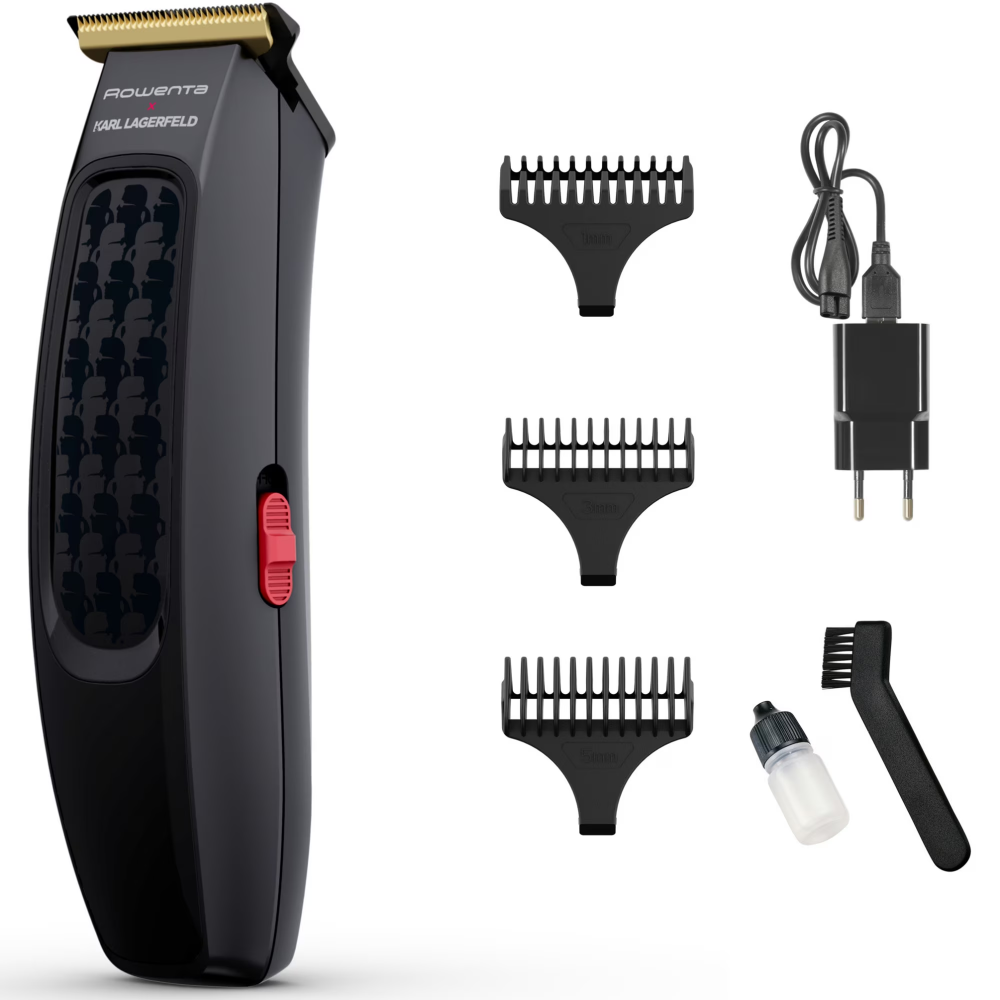 Aparat de tuns Rowenta x Karl Lagerfeld Cut & Style TN182LF0, 6500 rpm, 3 piepteni, perie curatare si ulei lubrifiant incluse, lame din inox, autonomie 90 minute, indicator LED, negru & rosu [1]