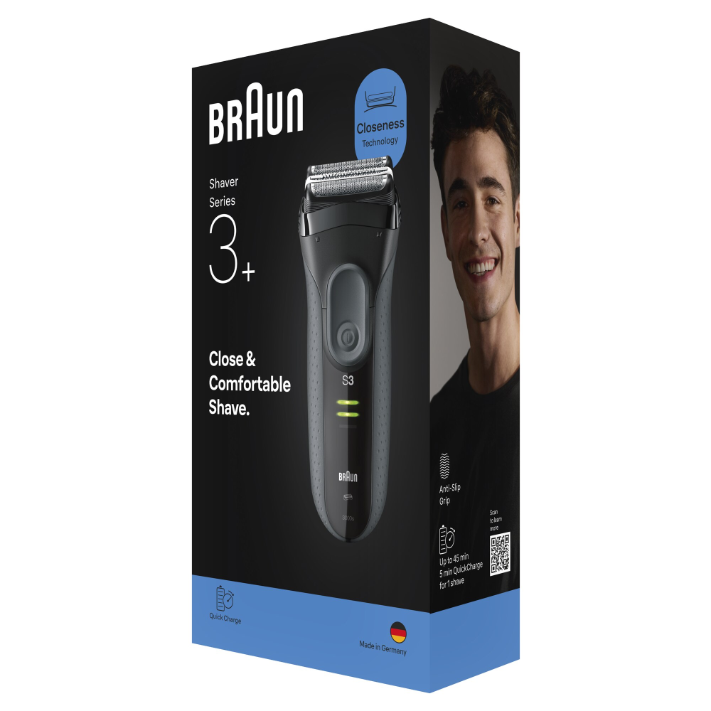 Aparat electric de ras Braun Seria 3+3000S, 3 Lame Flexibile, Microcomb pentru eficienta, Utilizare umeda/uscata, Fabricat in Germania, Gri [3]