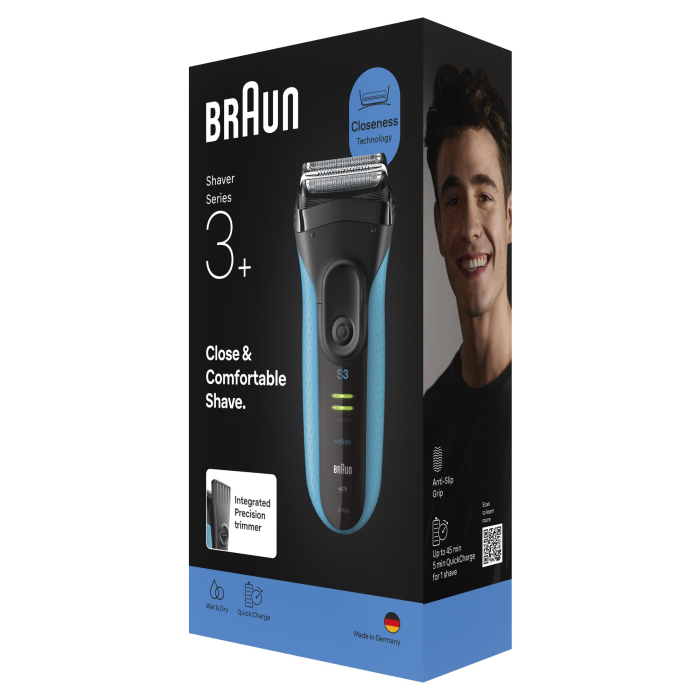 Aparat electric de ras Braun Seria 3+ 3040S, 3 Lame Flexibile, Microcomb pentru eficienta,  Accesoriu pentru tuns eficient, Utilizare umeda/uscata, Fabricat in Germania, Albastru [2]