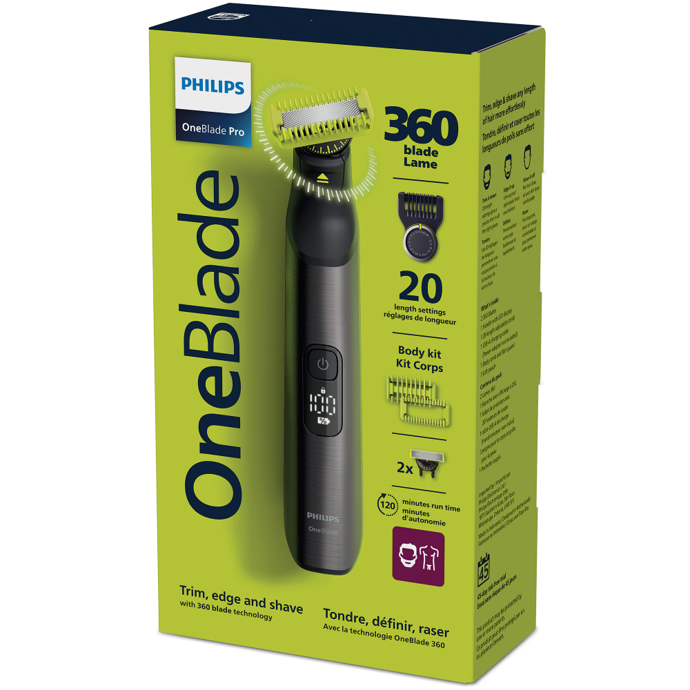 Aparat hibrid de barbierit si tuns, pentru fata Philips OneBlade Pro QP6552/30, 2 lame 360, pieptene cu 20 de setari de lungime (0,4-10 mm), 2 accesorii pentru corp, autonomie 120 min (Li-ion), cablu  [2]