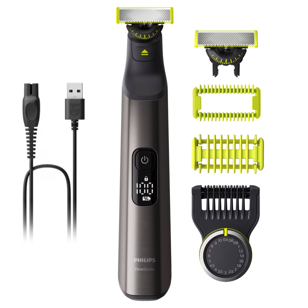 Aparat hibrid de barbierit si tuns, pentru fata Philips OneBlade Pro QP6552/30, 2 lame 360, pieptene cu 20 de setari de lungime (0,4-10 mm), 2 accesorii pentru corp, autonomie 120 min (Li-ion), cablu  [1]