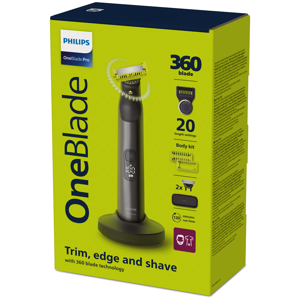 Aparat hibrid de barbierit si tuns, pentru fata, PHILIPS OneBlade Pro QP6652/61, 2 lame 360, 20 de setari de lungime (0,4-10 mm), 2 accesorii pentru corp, 120 min (Li-ion), toc hardcase, cablu de alim [2]