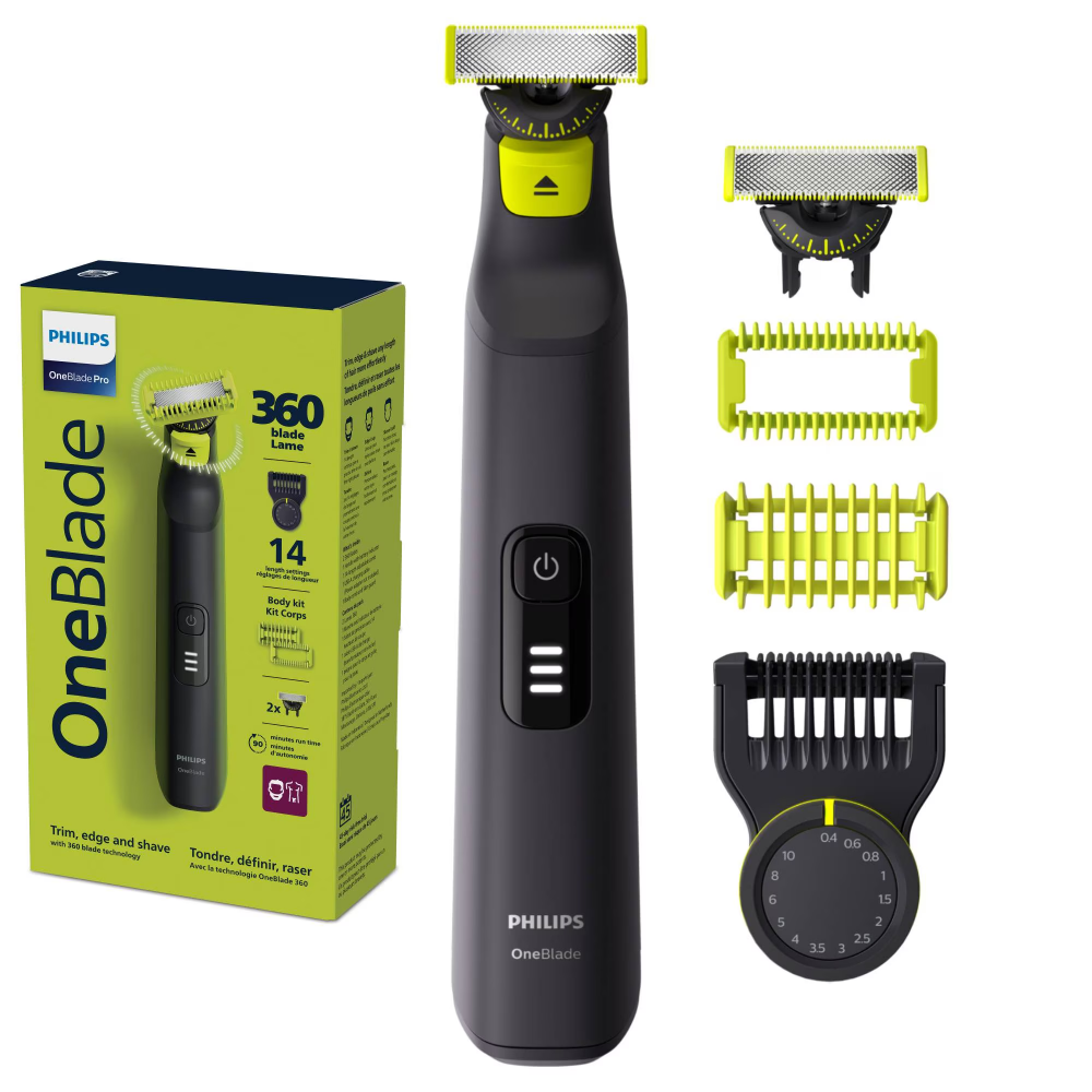 Aparat hibrid de barbierit si tuns pentru fata si corp PHILIPS OneBlade Pro QP6542/15, 2 lame 360, pieptene cu 20 de setari de lungime (0,4-10 mm), 2 accesorii pentru corp, autonomie 90 min, cablu de [1]