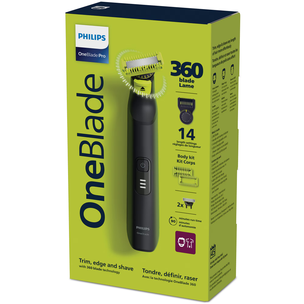 Aparat hibrid de barbierit si tuns pentru fata si corp PHILIPS OneBlade Pro QP6542/15, 2 lame 360, pieptene cu 20 de setari de lungime (0,4-10 mm), 2 accesorii pentru corp, autonomie 90 min, cablu de [3]