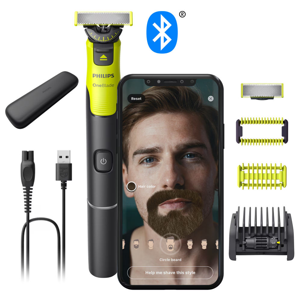 Aparat hibrid de barbierit, tuns barba si parul corporal PHILIPS OneBlade 360 QP4631/65, pieptene reglabil 5 in 1, reincarcabil, conectivitate Bluetooth, umed si uscat, 60 min, toc de transport, lama [1]