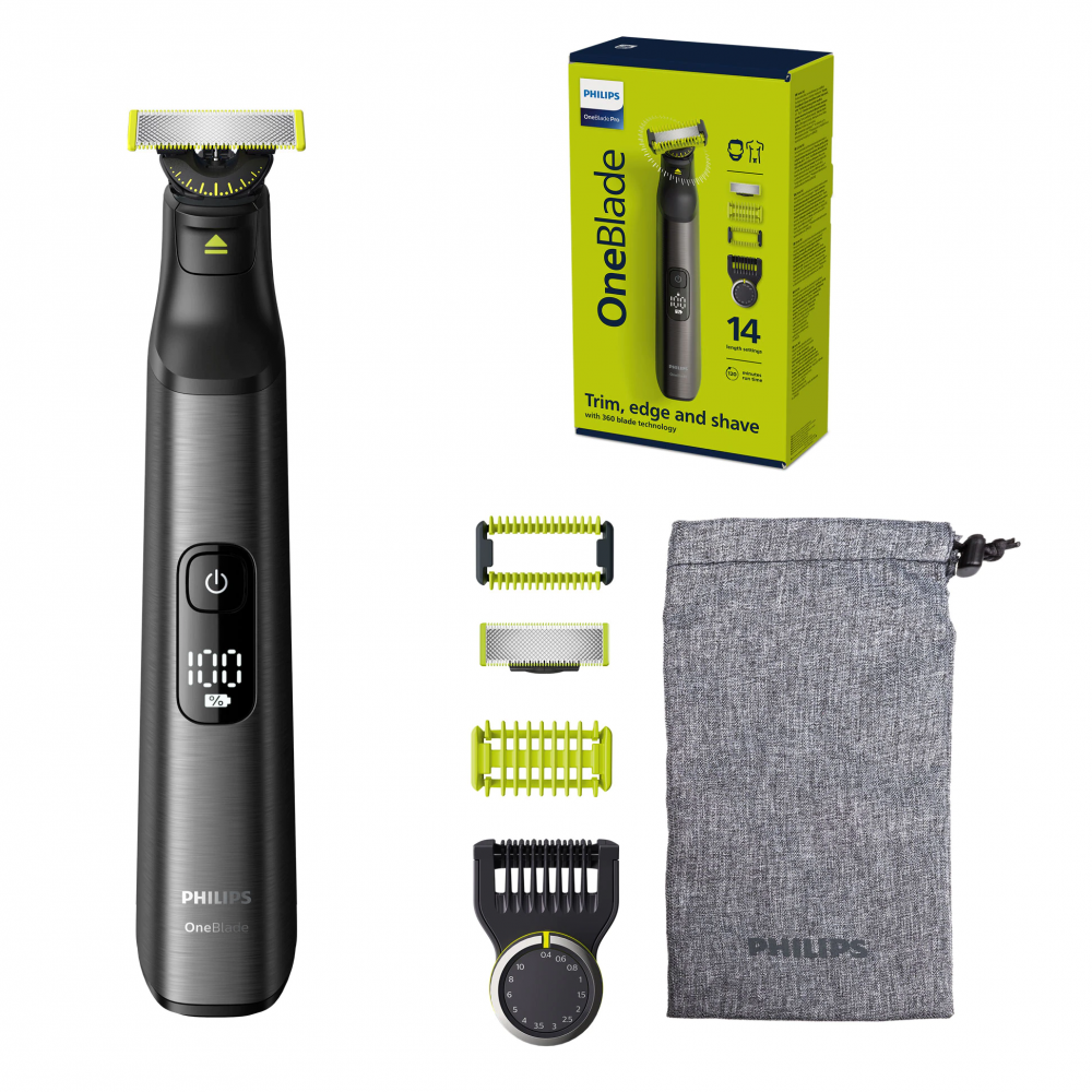 Aparat hibrid de barbierit, tuns barba si parul corporal PHILIPS OneBlade Pro QP6551/30, pieptene cu 14 lungimi, lama inovatoare 360 cu 2 taisuri, afisaj digital LED, pieptene corp, reincarcabil, auto [1]