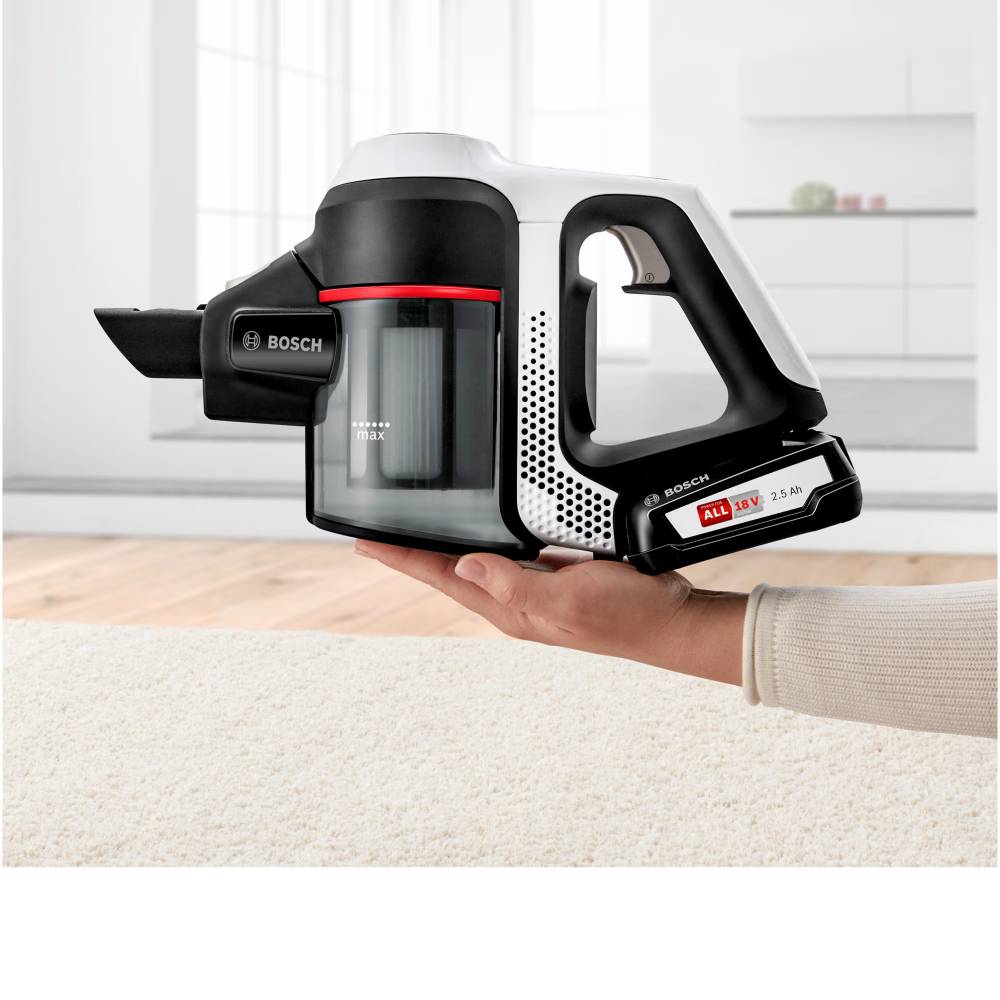 Aspirator vertical multifunctional Bosch Unlimited BCS61113, Acumulator interschimbabil de 18 V (2.5Ah), Perie motorizata AllFloor, Filtru igenic, Volum recipient XL, Alb/Negru (RESIGILAT) [3]