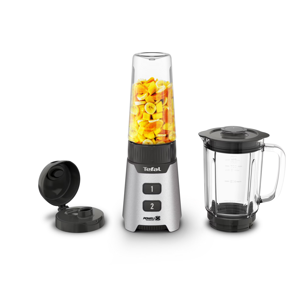 Blender Tefal Minimix BL16GE30, 400W, 2 trepte de viteza, recipient din sticla termorezistent 0.7 L, recipient portabil 0.6 L, lame detasabile Powelix, argintiu [3]