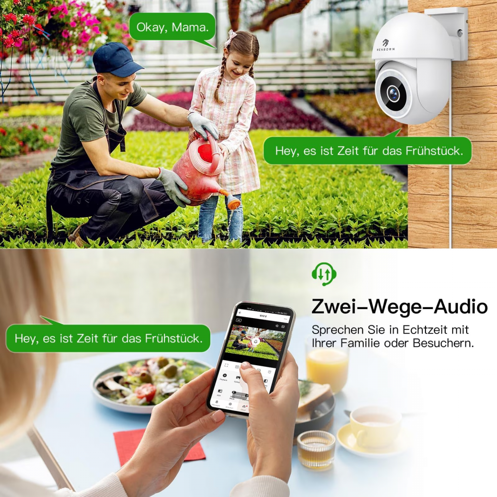 Camera Supraveghere WiFi pentru Interior/Exterior, MENBORN, 2.5K, Rotatie 355 grade, Control din Aplicatie, Waterproof IP66, Night Vision, Detectarea Miscarii, Difuzor, Alba [3]