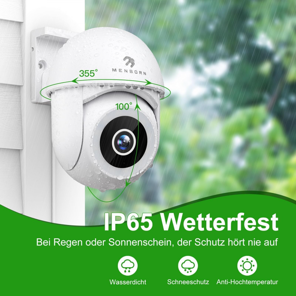 Camera Supraveghere WiFi pentru Interior/Exterior, MENBORN, 2.5K, Rotatie 355 grade, Control din Aplicatie, Waterproof IP66, Night Vision, Detectarea Miscarii, Difuzor, Alba [5]
