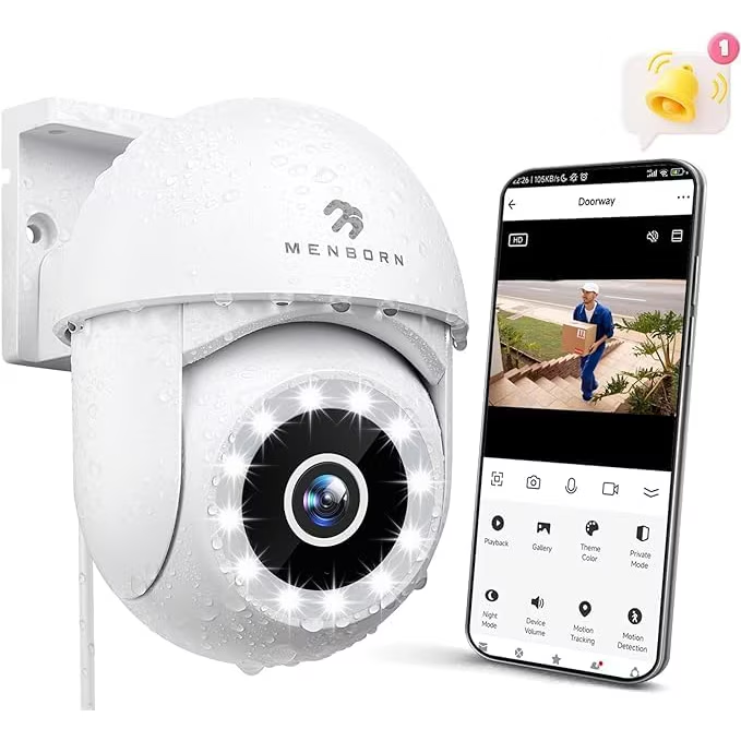 Camera Supraveghere WiFi pentru Interior/Exterior, MENBORN, 2.5K, Rotatie 355 grade, Control din Aplicatie, Waterproof IP66, Night Vision, Detectarea Miscarii, Difuzor, Alba [1]