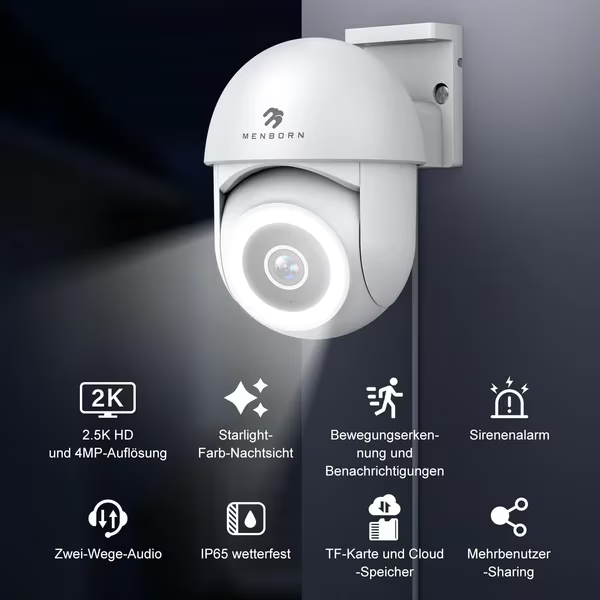 Camera Supraveghere WiFi pentru Interior/Exterior, MENBORN, 2.5K, Rotatie 355 grade, Control din Aplicatie, Waterproof IP66, Night Vision, Detectarea Miscarii, Difuzor, Alba [2]