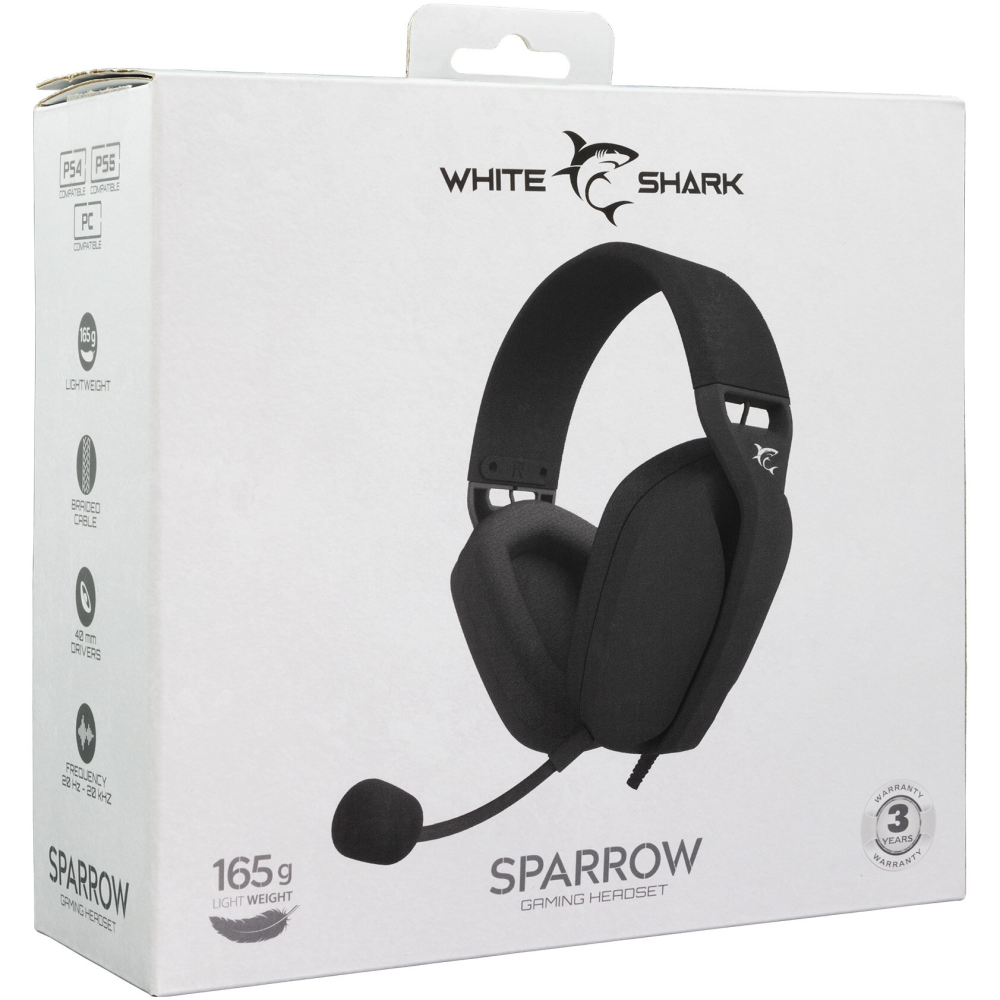 Casti Gaming cu fir White Shark SPARROW Over-Ear, Stereo, 40mm Driver, Microfon detasabil, Control Volum pe fir, Cablu braided 2m, Compatibil PC, PS4/5, Xbox si MAC, Interfata 3.5mm Jack, Negru [2]