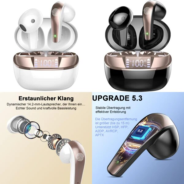 Casti Wireless In-Ear, BESNOOW, Bluetooth 5.3, Anularea Zgomotului, 4 Microfoane, Control Tactil, 40H Deep Bass, Display LED, Waterproof IP7, alb-auriu [2]