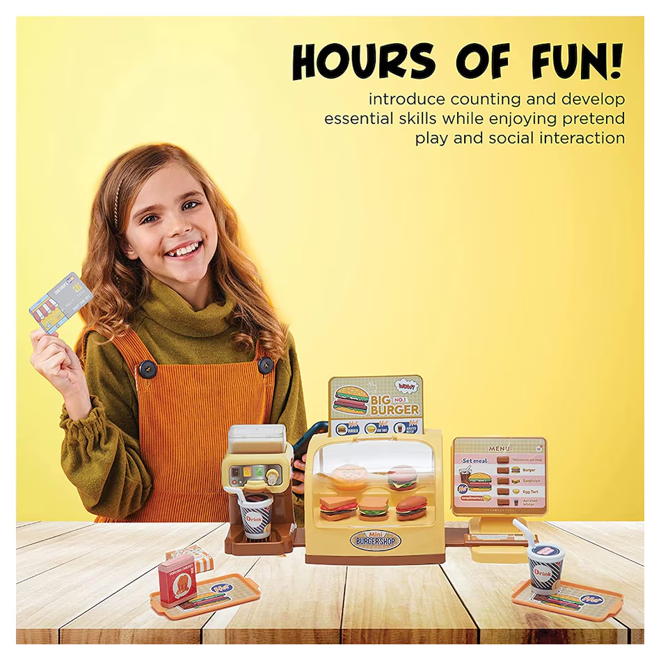 Coffe Shop de Jucarie pentru Copii, PlayHouse, 35 Piese, Vitrina pentru Burger, Expressor Cafea, DIsplay Produse, Galben [4]