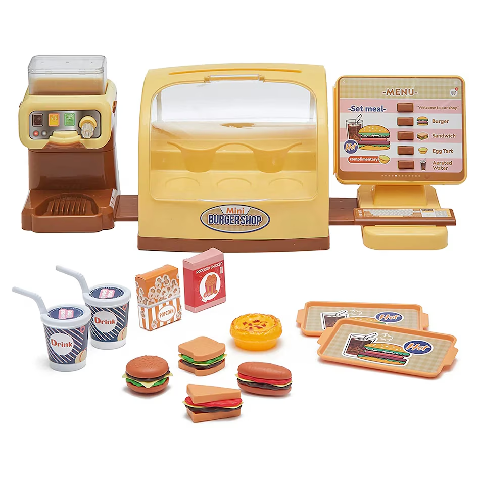 Coffe Shop de Jucarie pentru Copii, PlayHouse, 35 Piese, Vitrina pentru Burger, Expressor Cafea, DIsplay Produse, Galben [1]