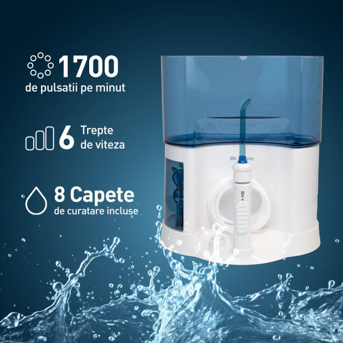 Dus Bucal fix Dr. Mayer WT5000, tehnologii One Touch si Multi Pulse, 1700 de pulsatii, 6 trepte de viteza, rezervor 1600ml, 8 capete incluse (4 varf standard, 1 ortodontic, 1 curatare limba, 1 perie,  [4]