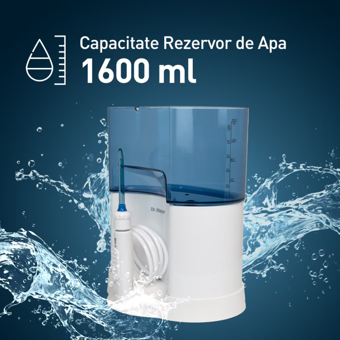 Dus Bucal fix Dr. Mayer WT5000, tehnologii One Touch si Multi Pulse, 1700 de pulsatii, 6 trepte de viteza, rezervor 1600ml, 8 capete incluse (4 varf standard, 1 ortodontic, 1 curatare limba, 1 perie,  [3]