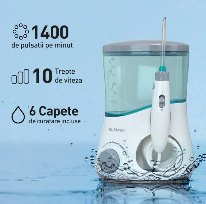 Dus Bucal fix Dr. Mayer WT6000, tehnologii One Touch si Multi Pulse, 1400 de pulsatii, 10 trepte de viteza, rezervor 600ml, 6 capete incluse (3 varf standard, 1 varf ortodontic, 1 curatare limba, 1 ir [3]