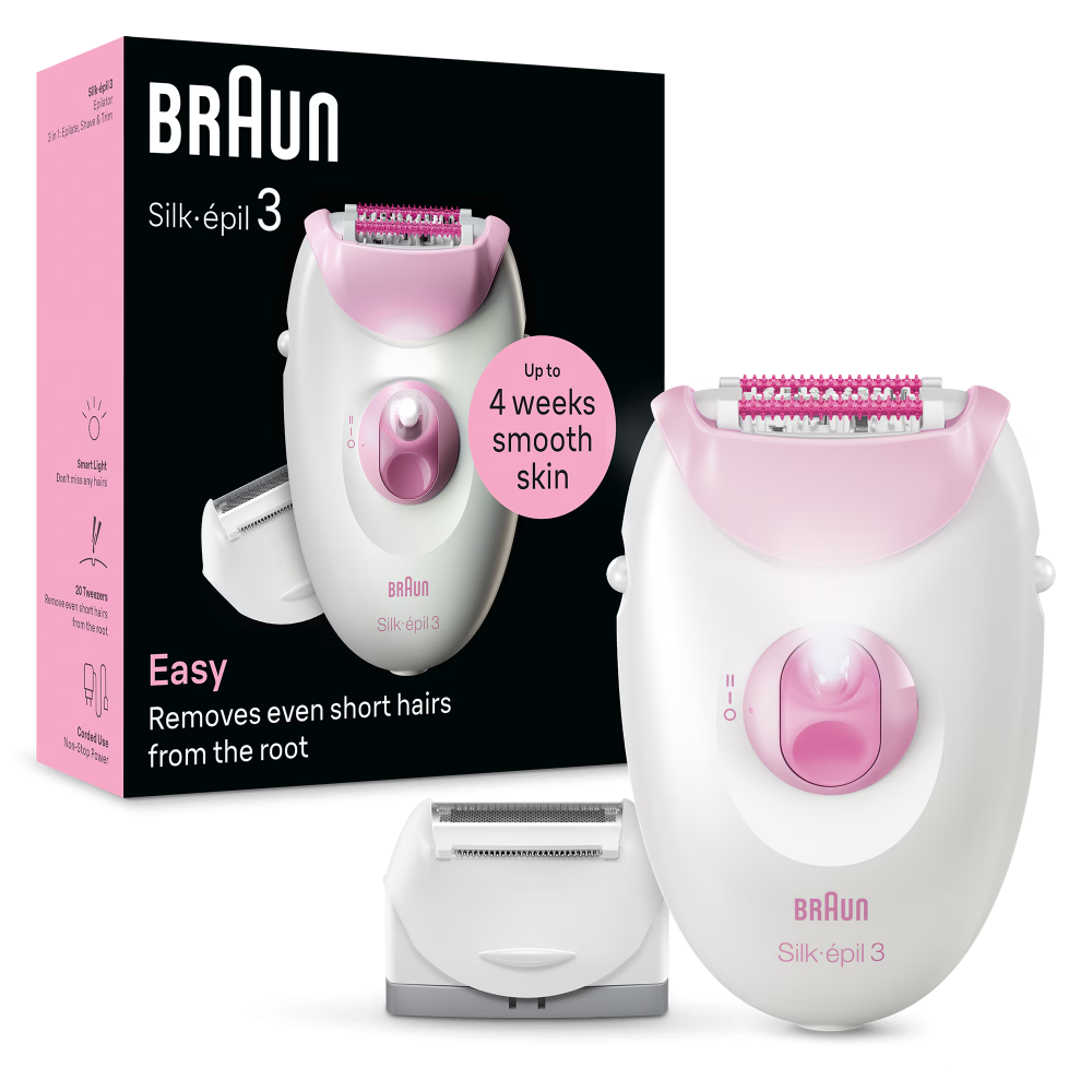 Epilator Braun Silk-épil 3 3-031, MicroGrip, Smart Light, 20 de pensete, Cap de ras + Pieptene, 2 viteze, Roz [1]