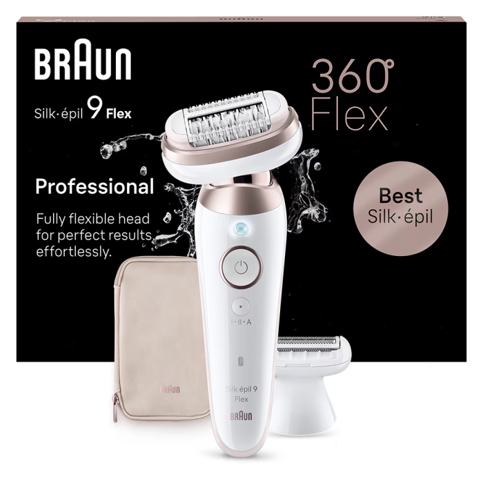 Epilator Braun Silk-épil 9 9-030 Flex 360° Wet & Dry, Smart Touch, 40 de pensete, 2 viteze, Cap de ras + Pieptene, Geanta de voiaj, Alb/Bronz [2]
