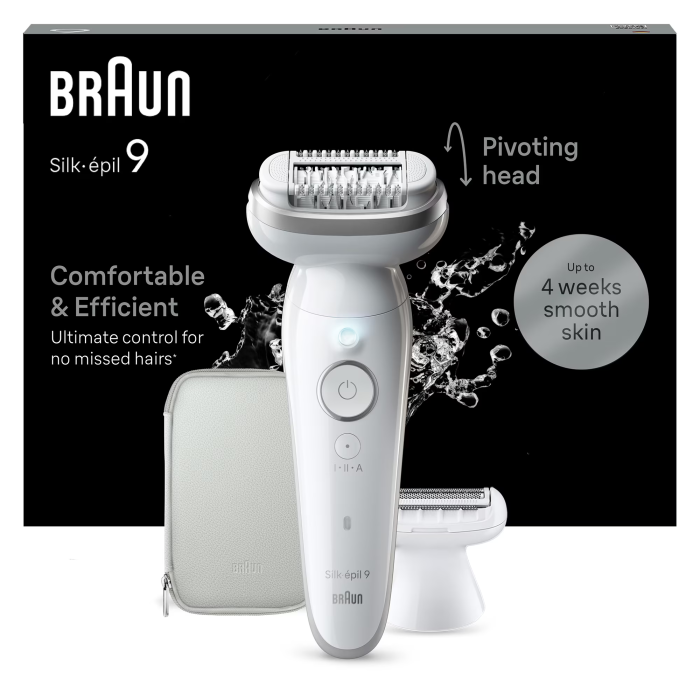 Epilator Braun Silk-épil 9 9-041 Wet & Dry, MicroGrip, Smart Light, 2 viteze, 40 pensete, Cap de ras + Pieptene, 1 capac, Geanta de voiaj [1]