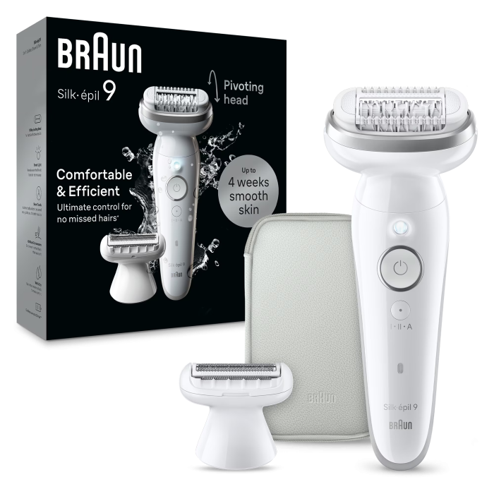 Epilator Braun Silk-épil 9 9-041 Wet & Dry, MicroGrip, Smart Light, 2 viteze, 40 pensete, Cap de ras + Pieptene, 1 capac, Geanta de voiaj [2]