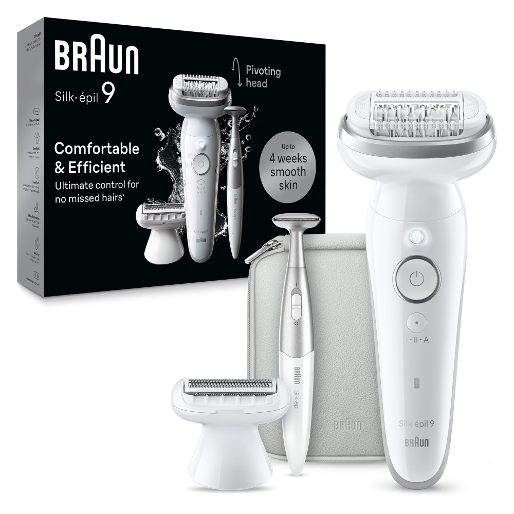 Epilator Braun Silk-épil 9 9-241 Wet & Dry, MicroGrip, Smart Light, 2 viteze, 40 pensete, Trimmer bikini + accesorii, Cap de ras + Pieptene, 1 capac pentru contactul cu pielea, Geanta de voiaj, Alb/Gr [1]