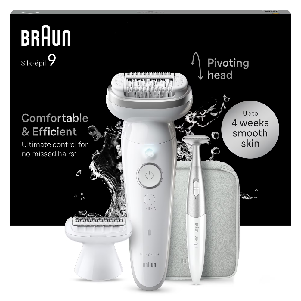 Epilator Braun Silk-épil 9 9-241 Wet & Dry, MicroGrip, Smart Light, 2 viteze, 40 pensete, Trimmer bikini + accesorii, Cap de ras + Pieptene, 1 capac pentru contactul cu pielea, Geanta de voiaj, Alb/Gr [4]