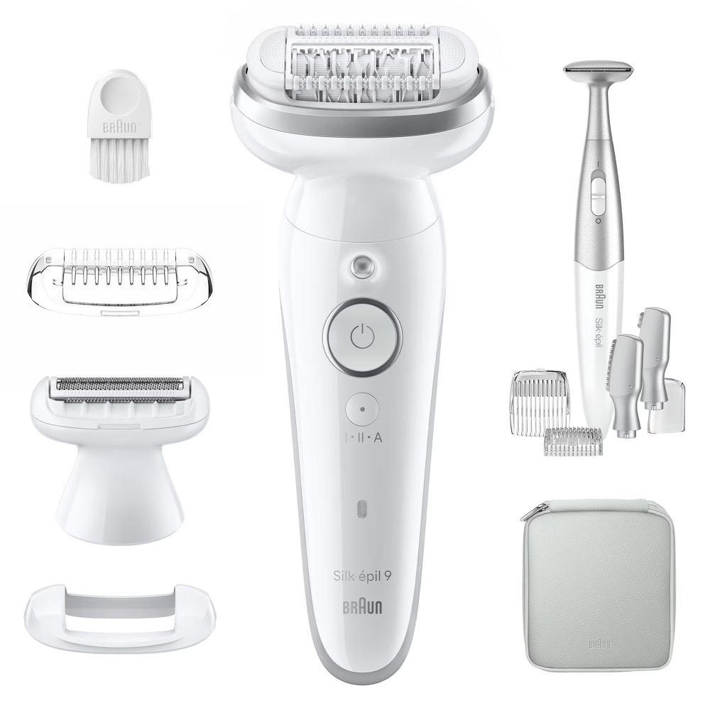 Epilator Braun Silk-épil 9 9-241 Wet & Dry, MicroGrip, Smart Light, 2 viteze, 40 pensete, Trimmer bikini + accesorii, Cap de ras + Pieptene, 1 capac pentru contactul cu pielea, Geanta de voiaj, Alb/Gr [2]