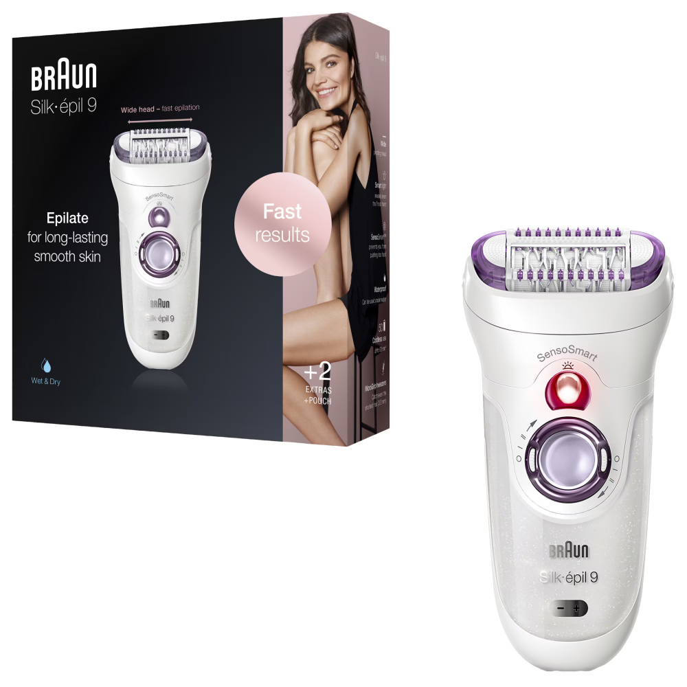 Epilator Braun Silk-épil 9 9/700 SensoSmart™, Micro-Grip, Wet & Dry, 40 pensete, 2 viteze, Saculet pentru voiaj, Alb/Mov [1]