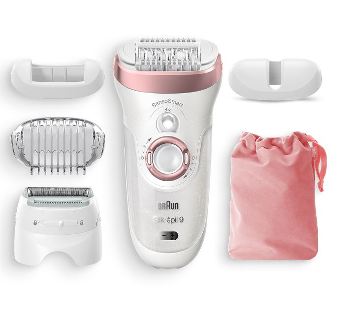 Epilator Braun Silk-épil 9 9/725 SensoSmart™, Micro-Grip, Wet & Dry, 40 pensete, 2 viteze, cap de ras, cap de tuns, cap de precizie pentru fata, Saculet petru voiaj, Alb/Rose [3]