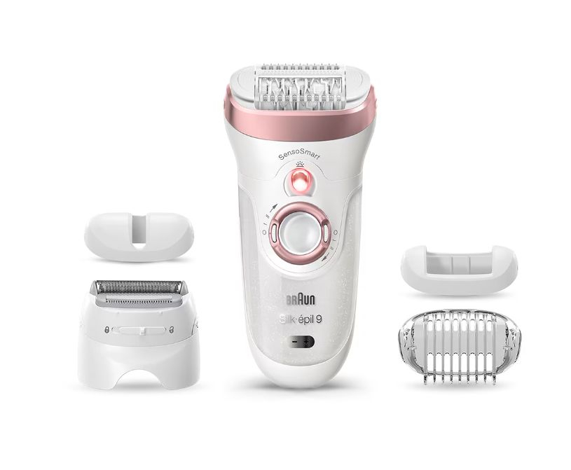 Epilator Braun Silk-épil 9 9/725 SensoSmart™, Micro-Grip, Wet & Dry, 40 pensete, 2 viteze, cap de ras, cap de tuns, cap de precizie pentru fata, Saculet petru voiaj, Alb/Rose [2]